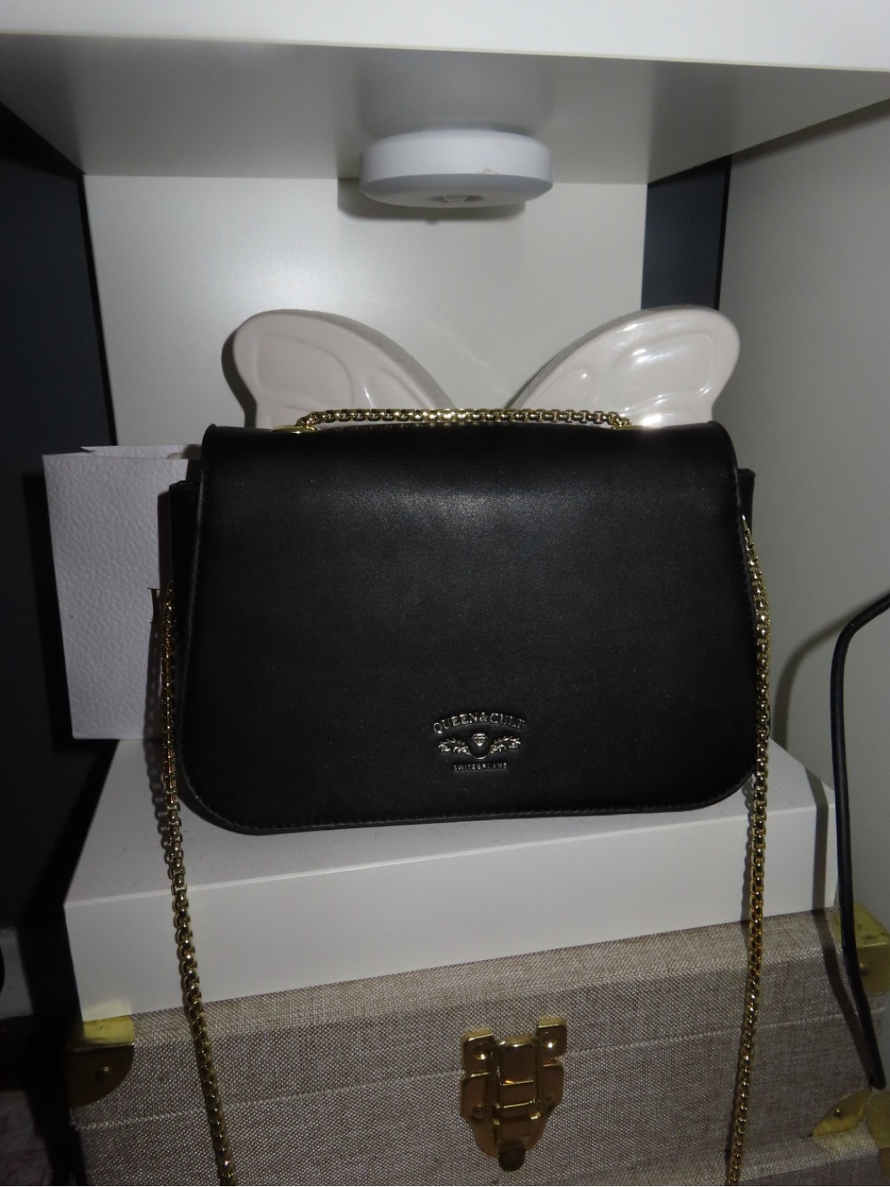 Queen & Cult Switzerland Black Leather Crossbody Bag | Gold Chain